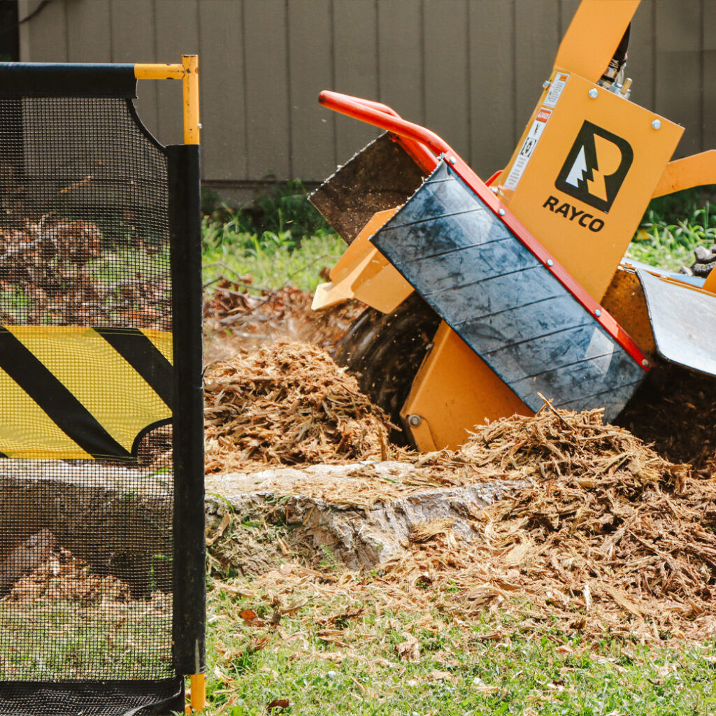 Rayco Stump Removal Machine Grinding a Tree Stump Down to the Soil Line for Complete Stump Removal in Columbia, MD