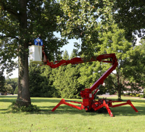 eos Tree Services Arborist in a Tracked Aerial Lift Bucket Performing Tree Trimming on a Large Mature Tree in Frederick County, MD